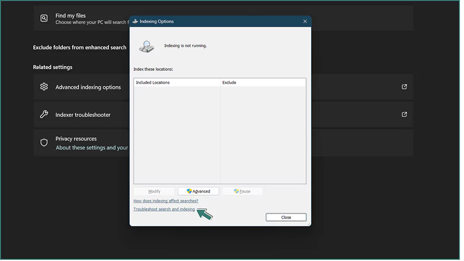 Click Troubleshoot Search and Indexing