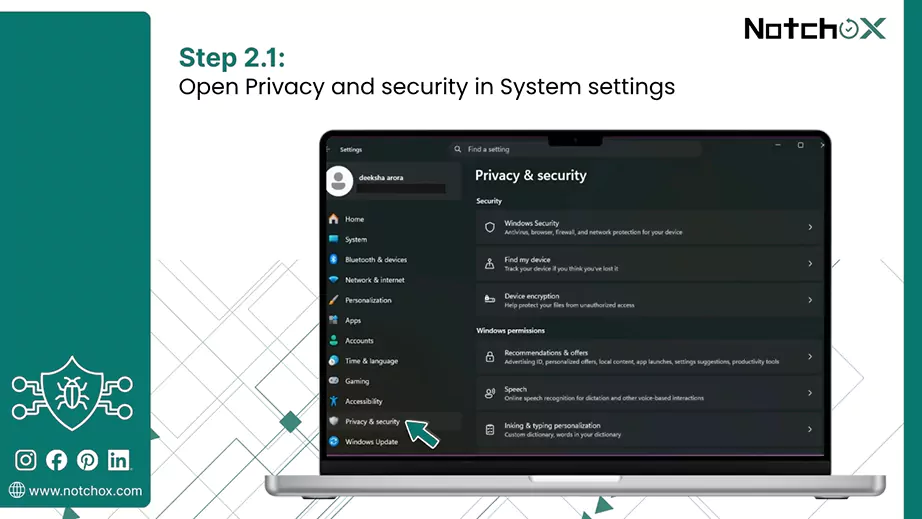 Open Privacy and security in System settings
