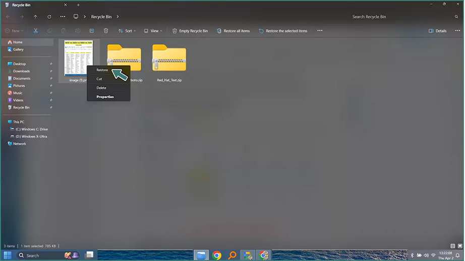 Search and restore the file from the Recycle Bin