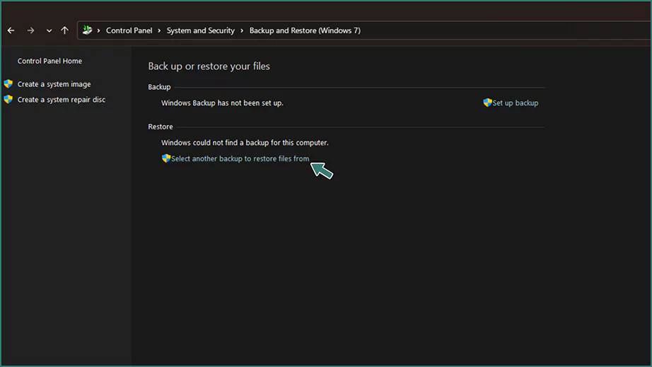 Select Another Backup to Restore Files From