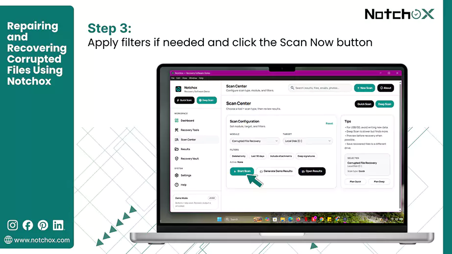 Apply filters if needed and click the Scan Now button
