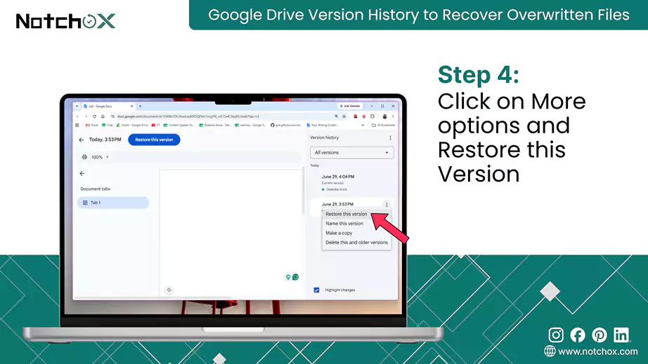 Click on More options and Restore this Version
