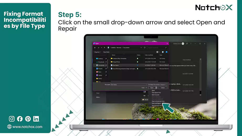 Click on the small drop down arrow and select Open and Repair
