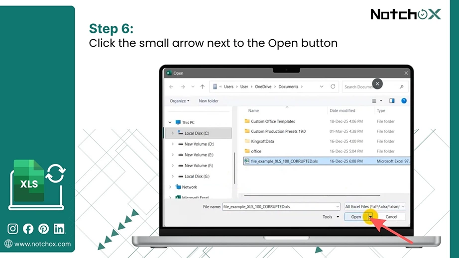 Click the small arrow next to the Open button