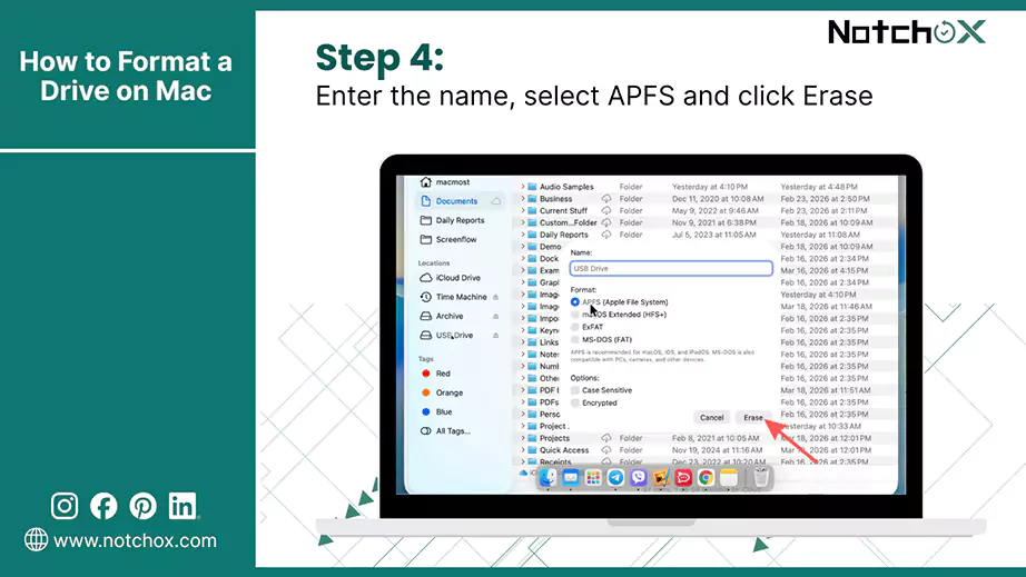 Enter the name select APFS and click Erase