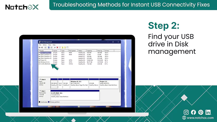 Find your USB drive in Disk management