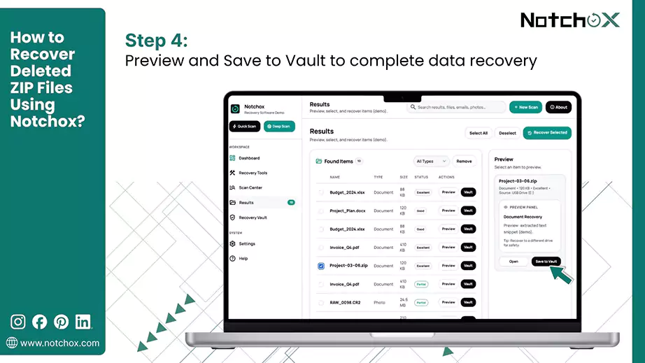 Preview and Save to Vault to complete datarecovery