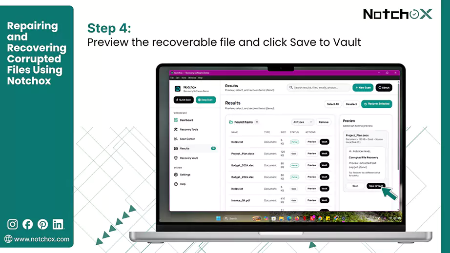 Preview the recoverable file and click Save to Vault