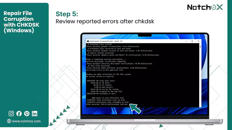 Review reported errors after chkdsk