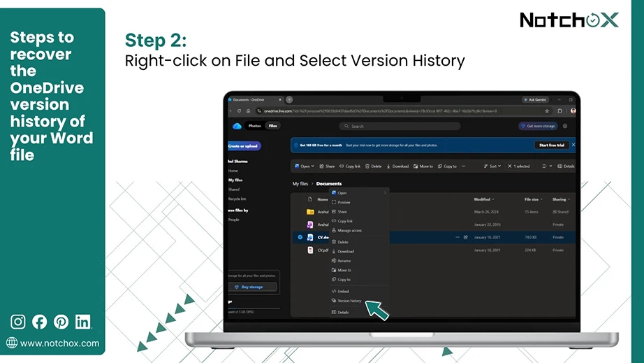 Right-click on File and Select Version History