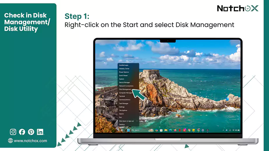 Right click on the Start and select Disk Management