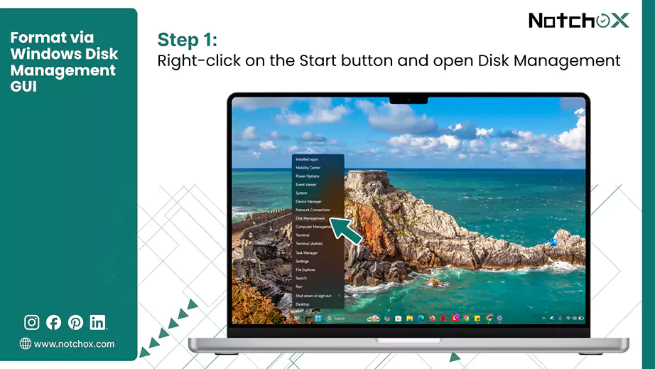 Right click on the Start button and open Disk Management