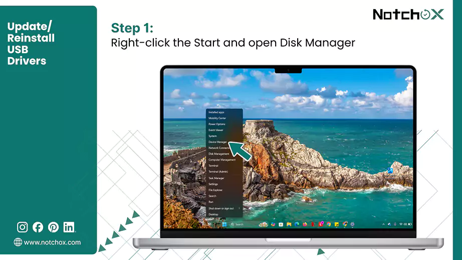 Right click the Start and open Disk Manager