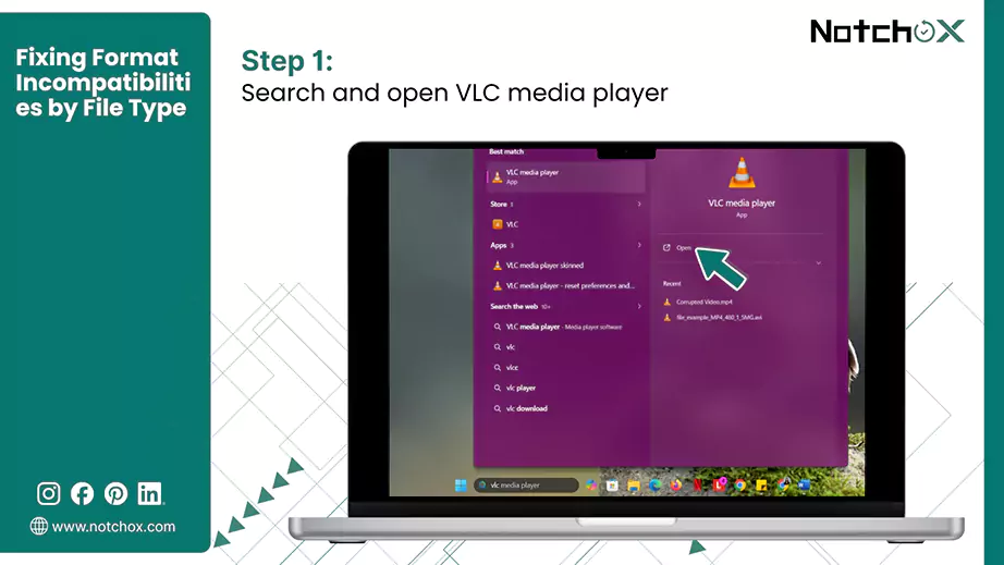 Search and open VLC media player