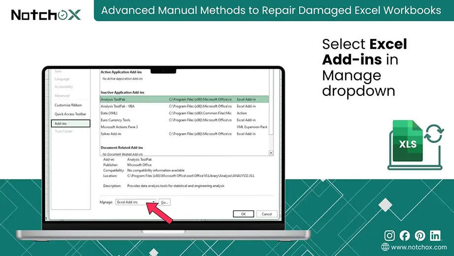 Select Excel Add-ins in Manage dropdown