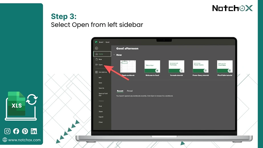 Select Open from left sidebar