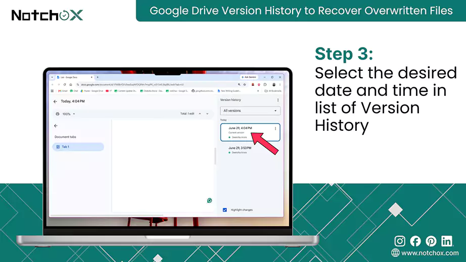 Select the desired date and time in list of Version History
