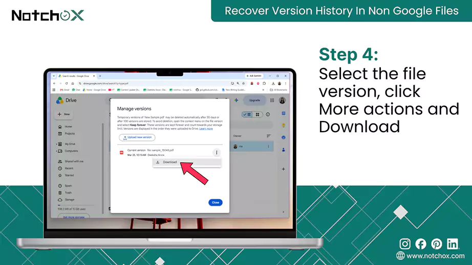 Select the file version click More actions and Download