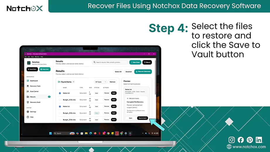 Select the files to restore and click the Save to Vault button