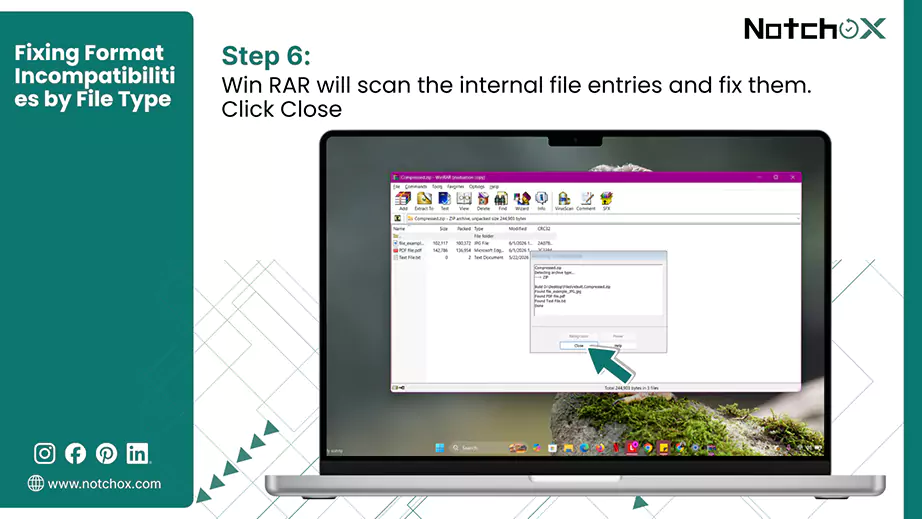 Win RAR will scan the internal file entries and fix them Click Close