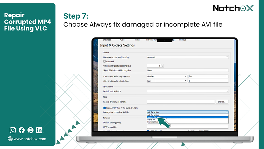 Choose Always fix damaged or incomplete AVI file