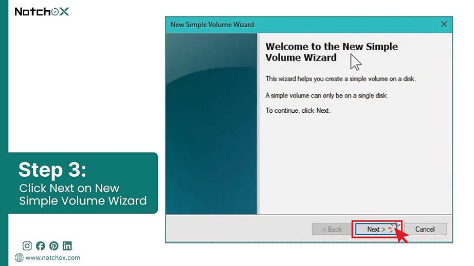 Click Next on New Simple Volume Wizard