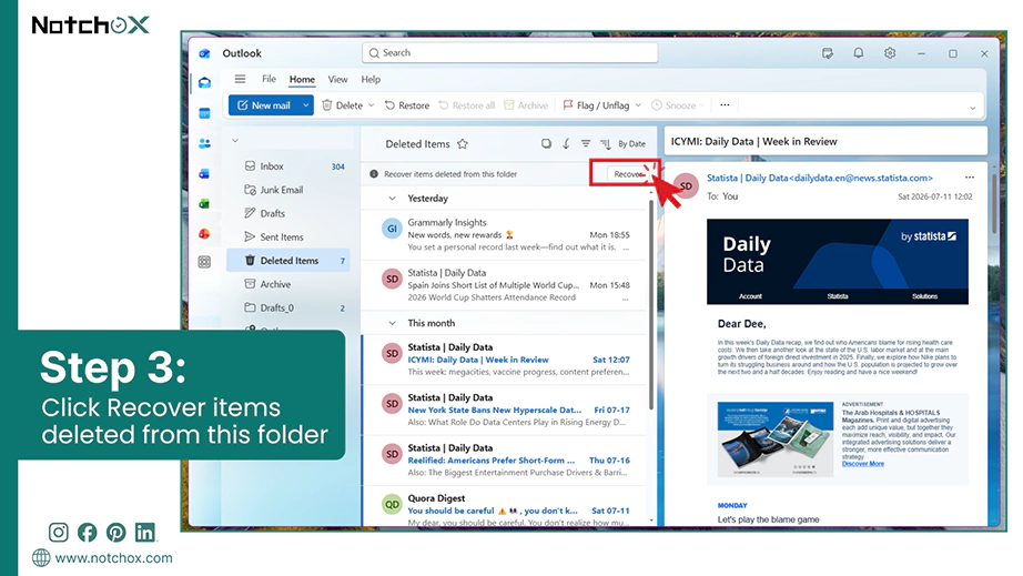 Click Recover items deleted from this folder