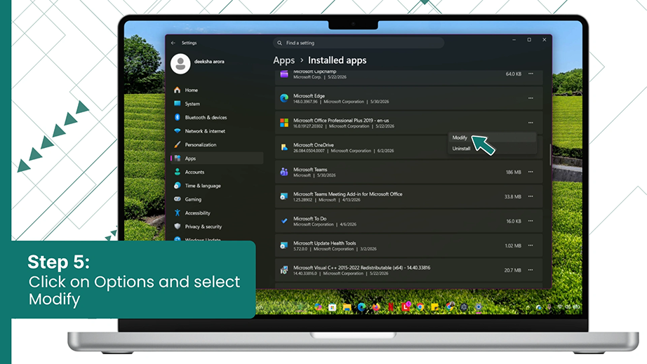 Click on Options and select Modify