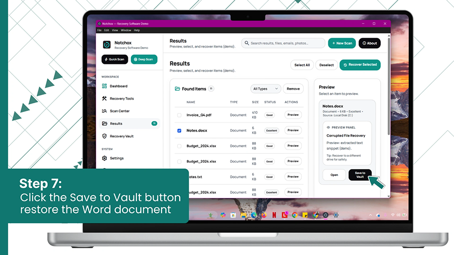 Click the Save to Vault button restore the Word document