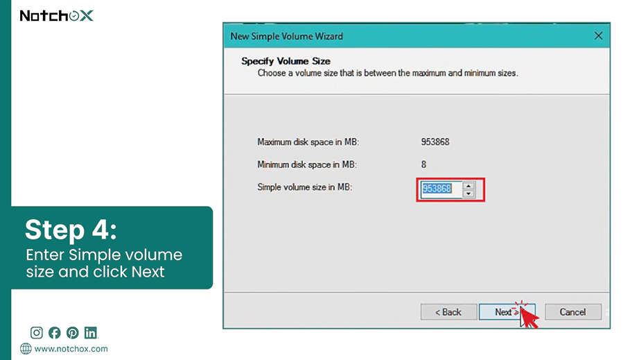 Enter Simple volume size and click Next
