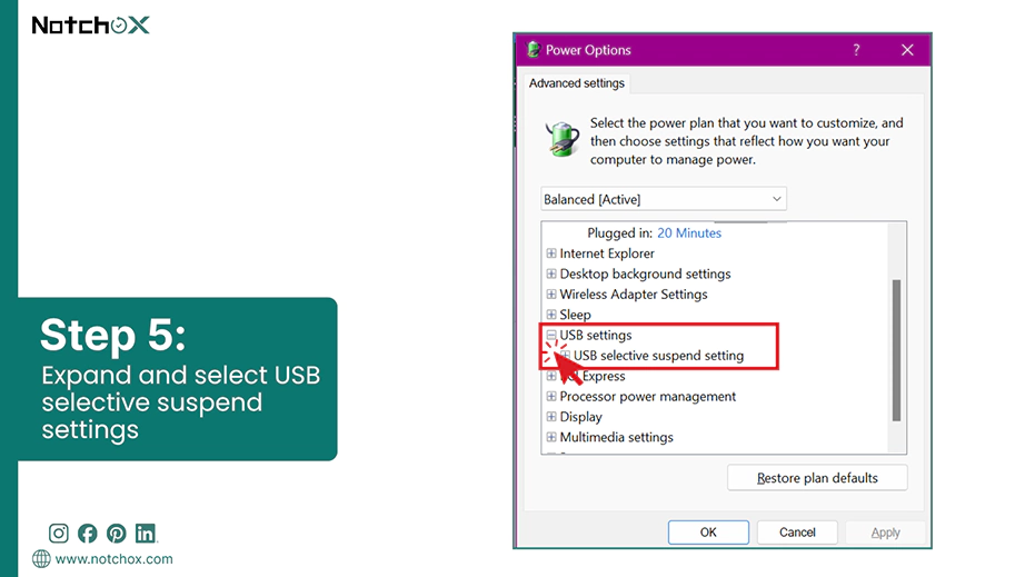 Expand and select USB selective suspend settings