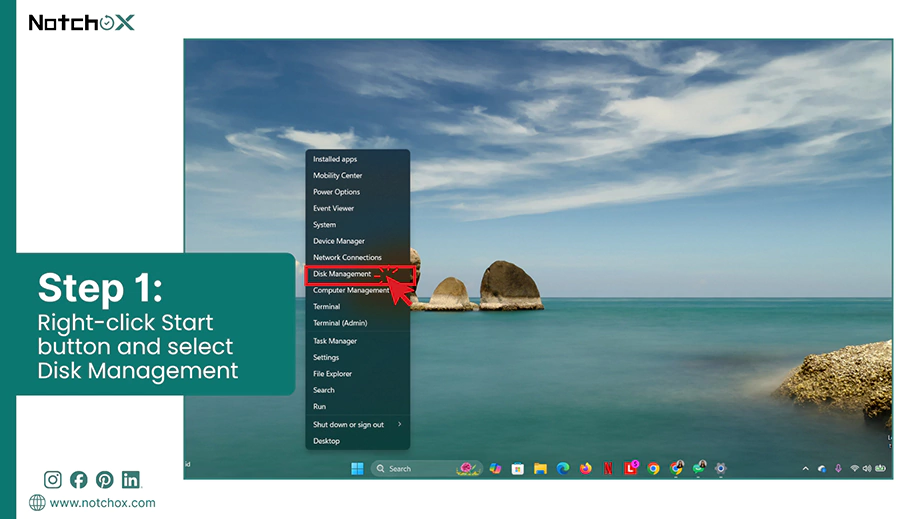 Right click Start button and select Disk Management