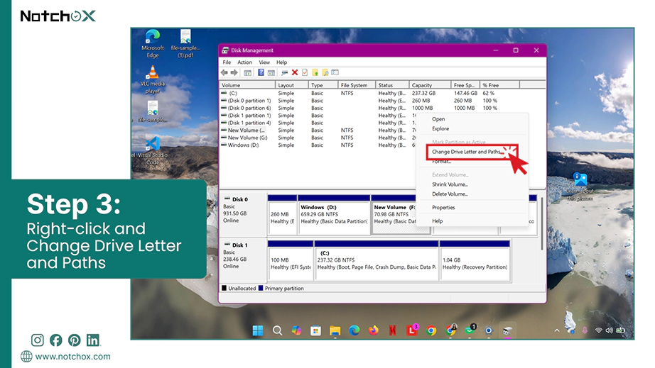 Right click and Change Drive Letter and Paths