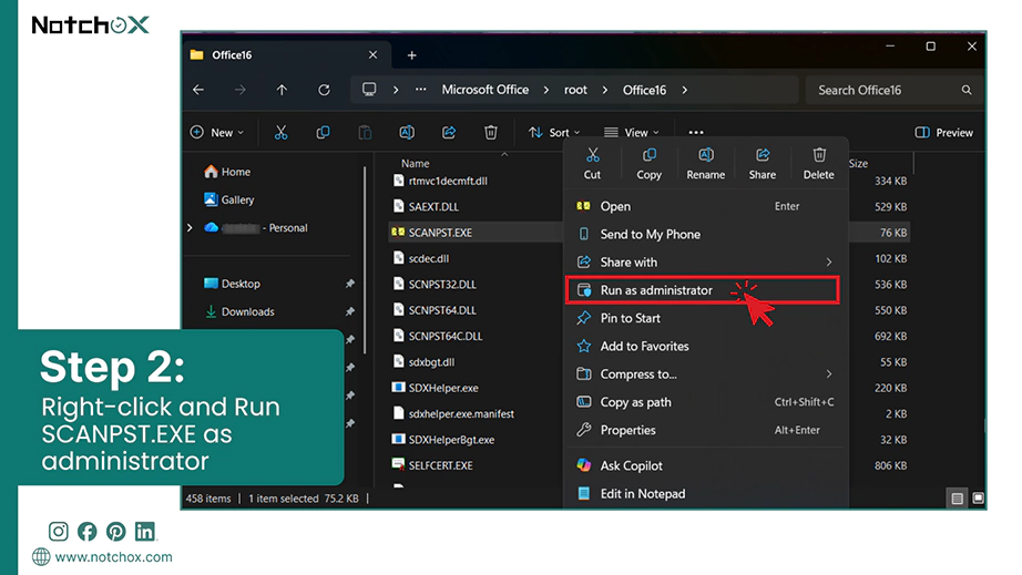 Right click and Run SCANPST EXE as administrator