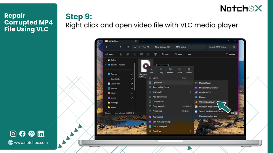 Right click and open video file with VLC media player