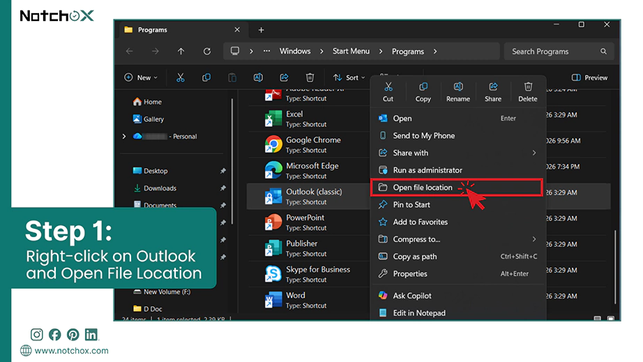 Right click on Outlook and Open File Location