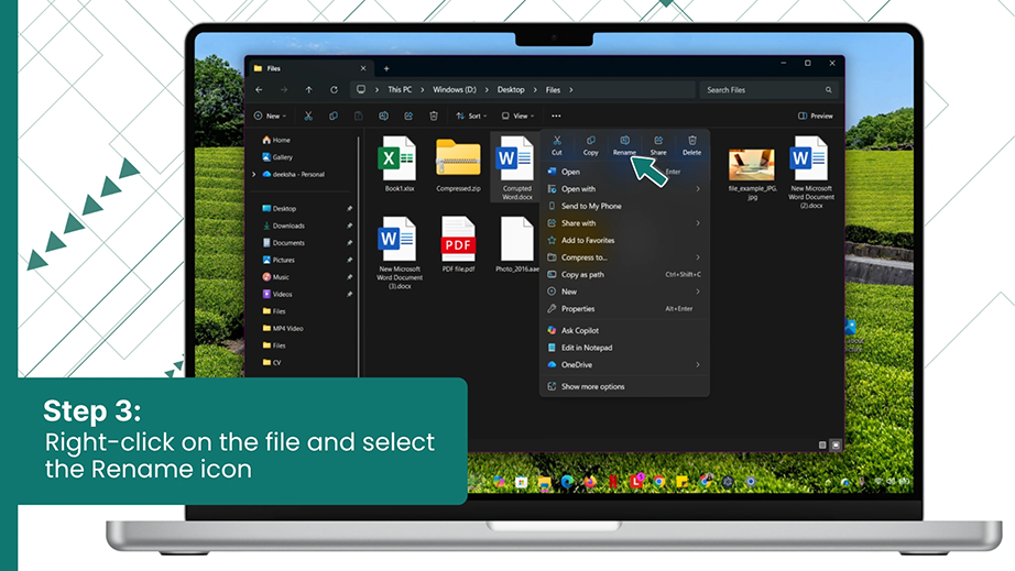 Right-click on the file and select the Rename icon
