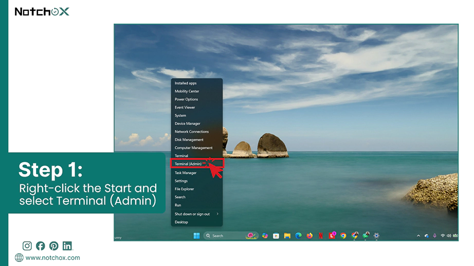 Right click the Start and select Terminal Admin