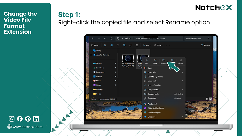 Right click the copied file and select Rename option