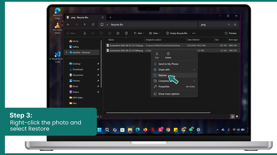 Right-click the photo and select Restore