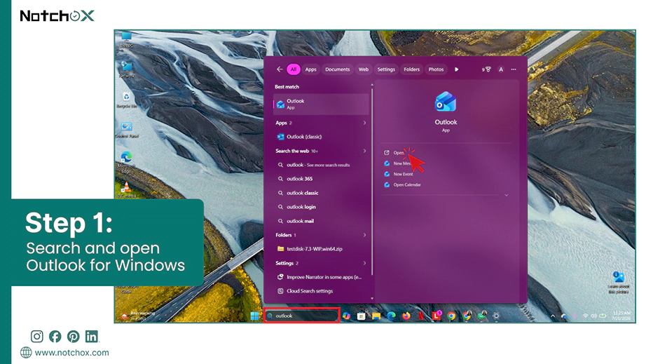 Search and open Outlook for Windows