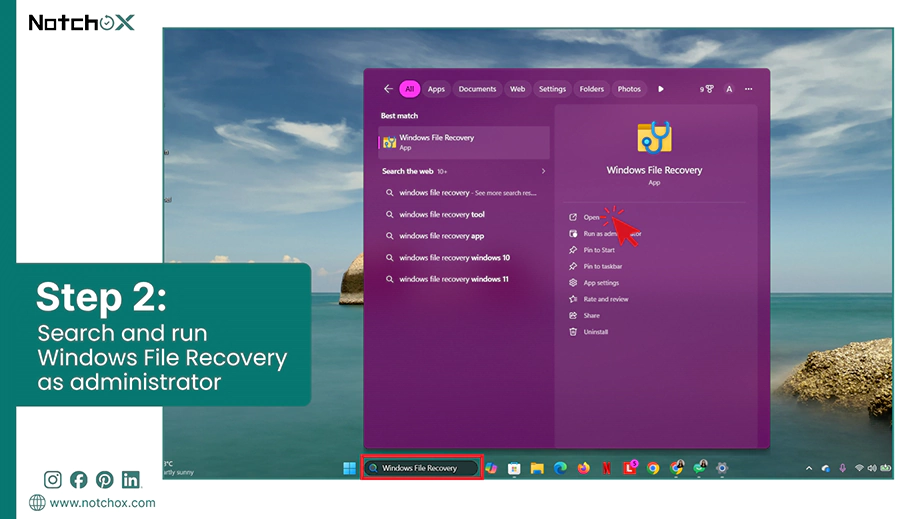 Search and run Windows File Recovery as administrator