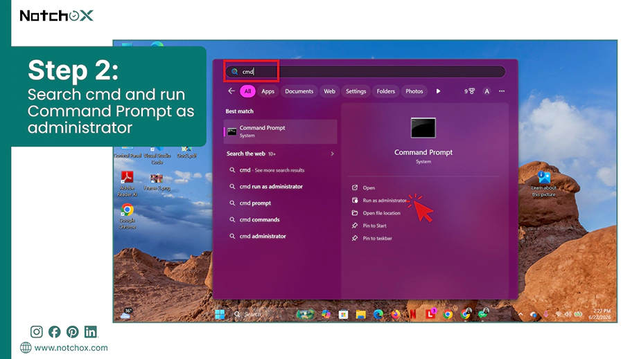 Search cmd and run Command Prompt as administrator