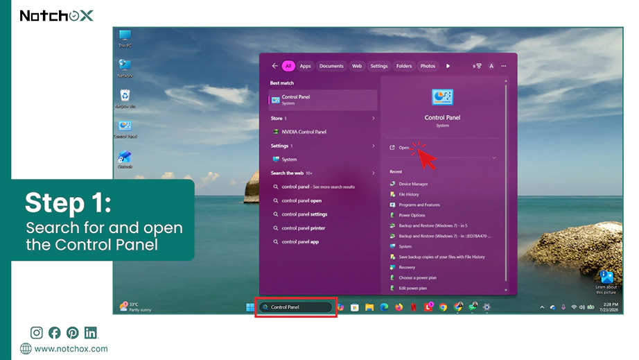 Search for and open the Control Panel