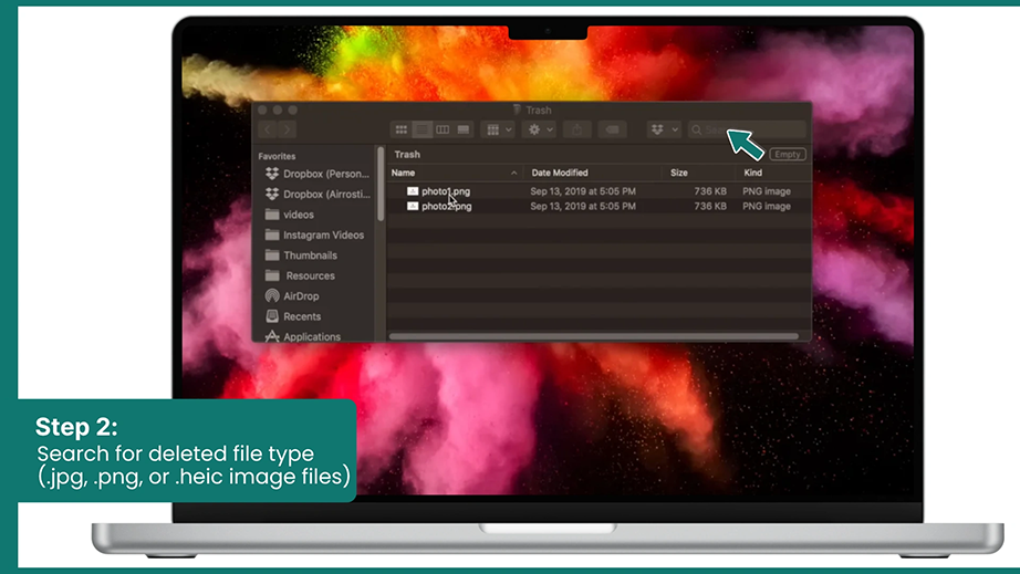 Search for deleted file type (.jpg, .png, or .heic image files)