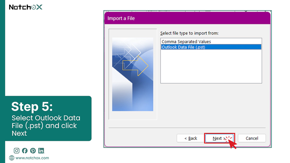 Select Outlook Data File pst and click Next