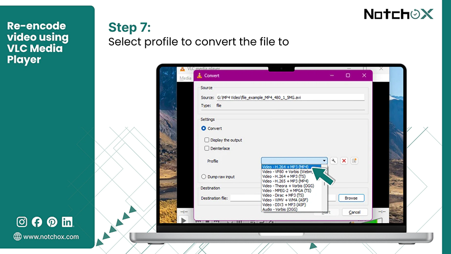 Select profile to convert the file to