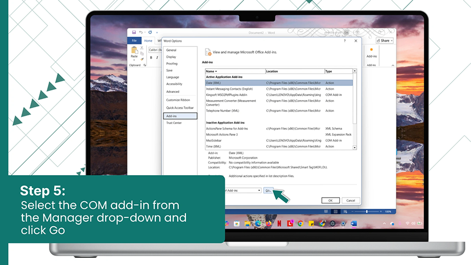 Select the COM add-in from the Manager drop-down and click Go