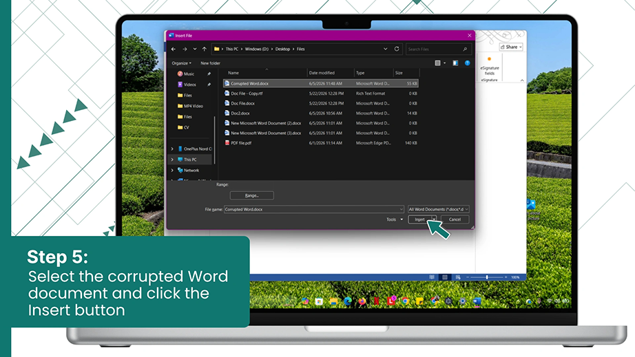 Select the corrupted Word document and click the Insert button