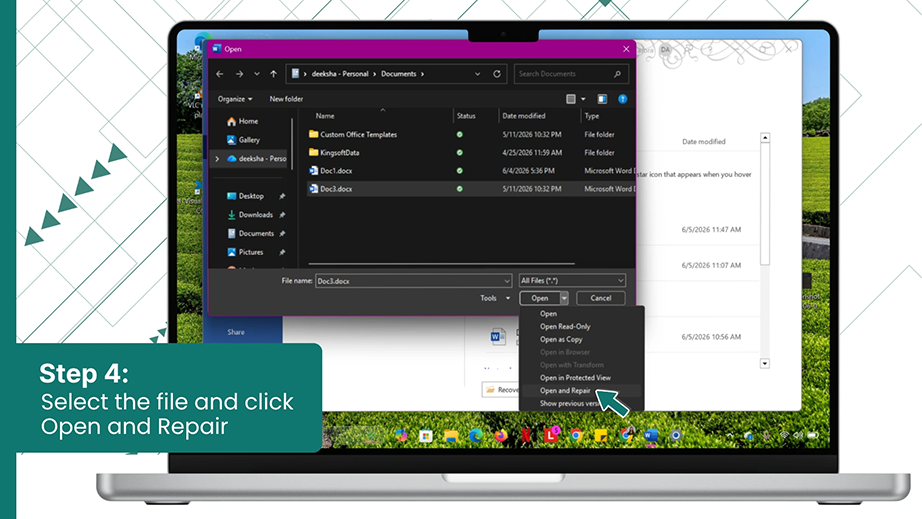 Select the file and click Open and Repair